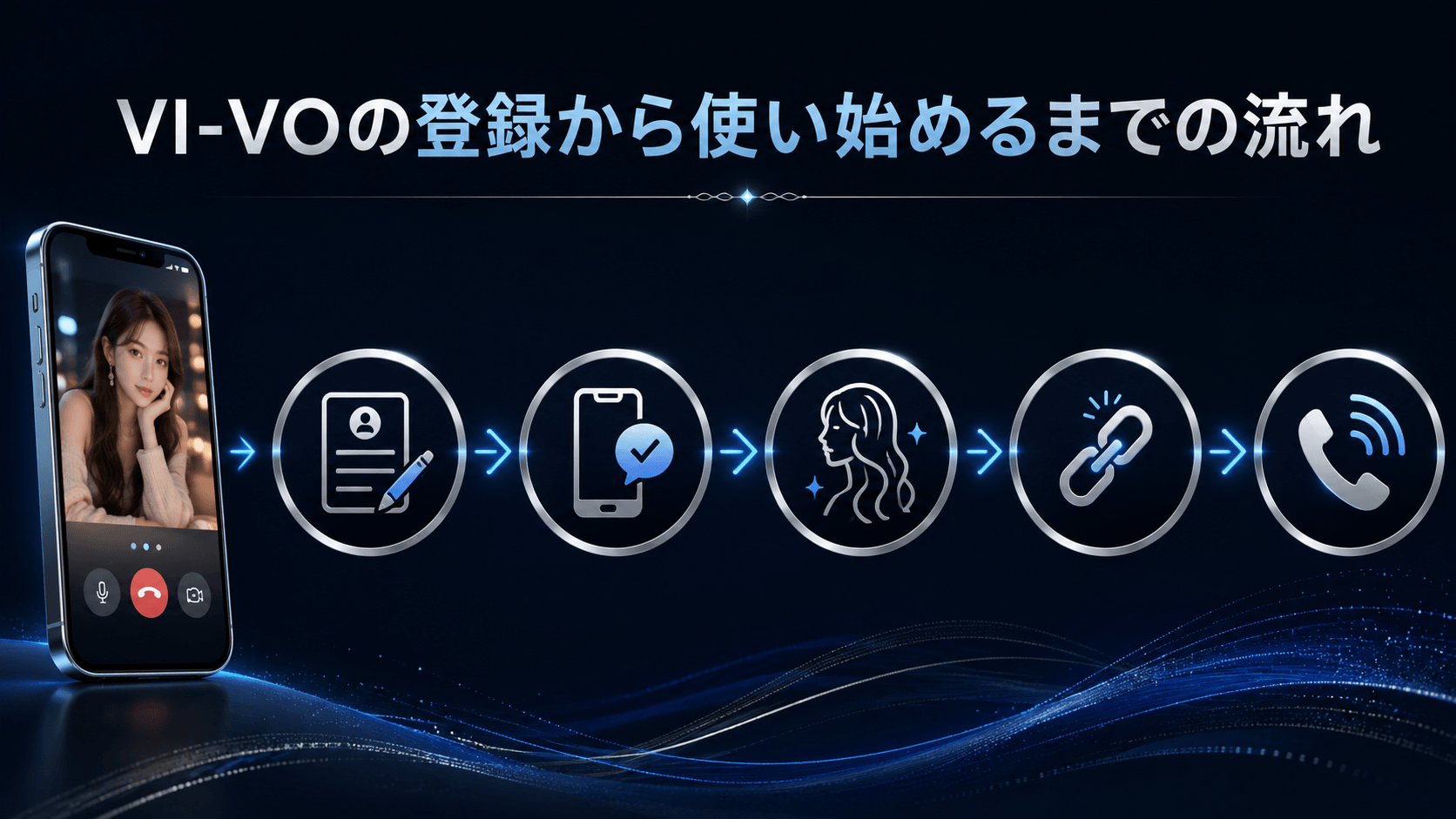 VI-VOの会員登録から女性との通話を始めるまでの流れを表したイメージ