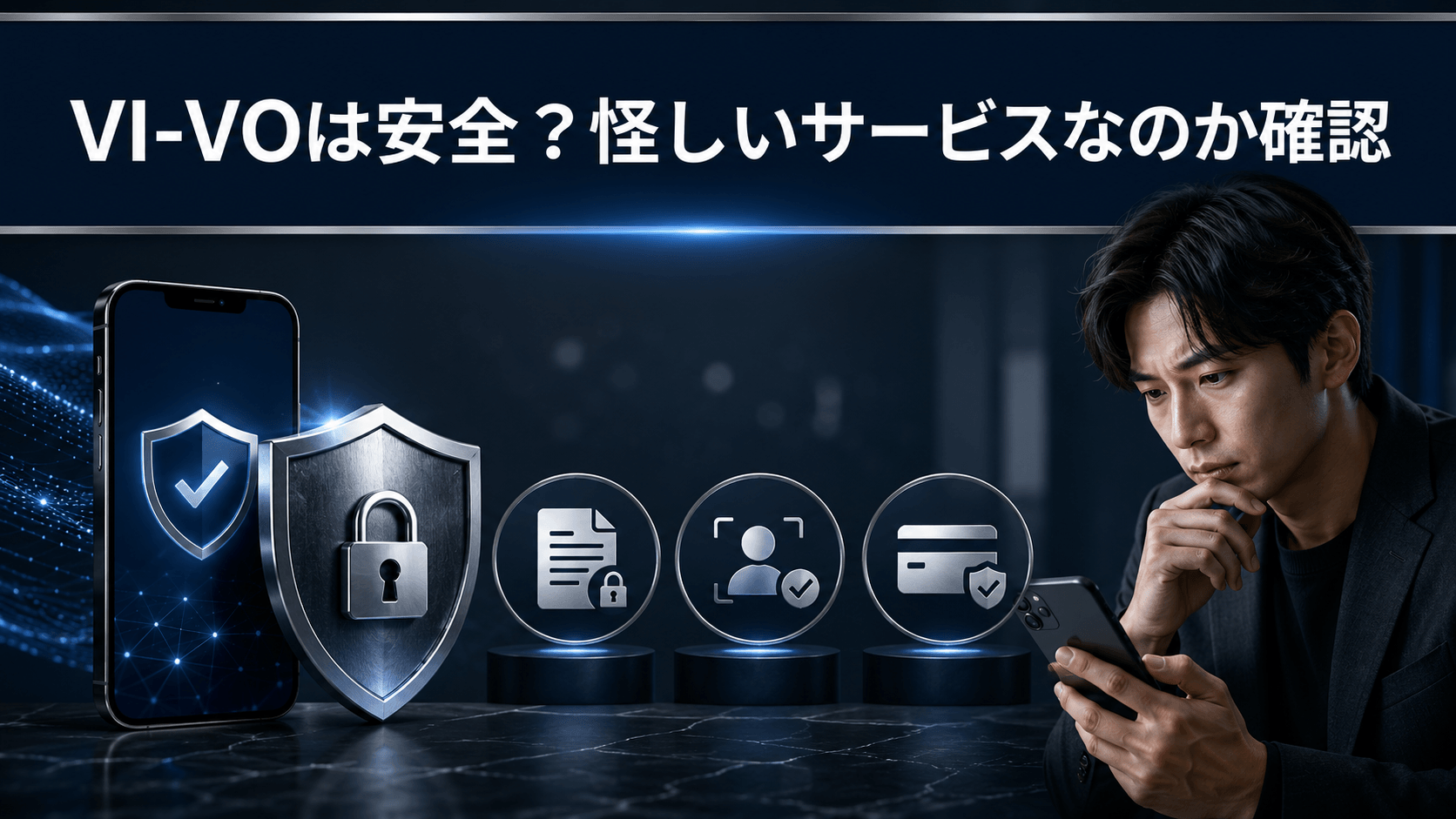 VI-VOの安全性や個人情報保護を確認する男性とセキュリティを表したイメージ