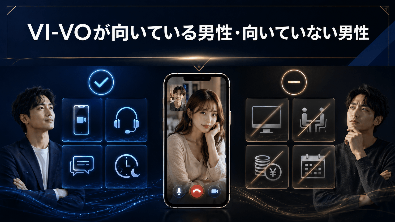 VI-VOが向いている男性と向いていない男性をスマホ通話や利用条件で比較したイメージ